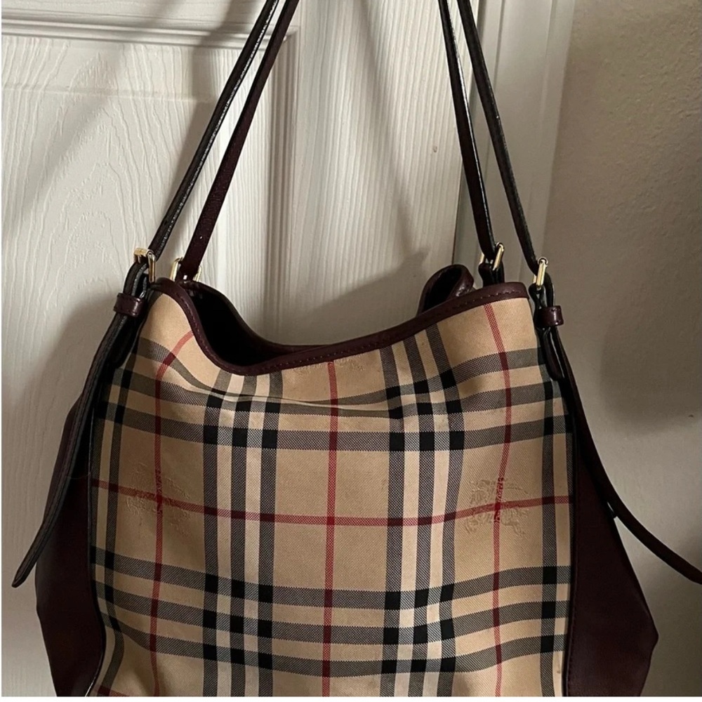 Burberry Vintage House Check Tote Bag Burgundy Leather - Picture 6 of 11